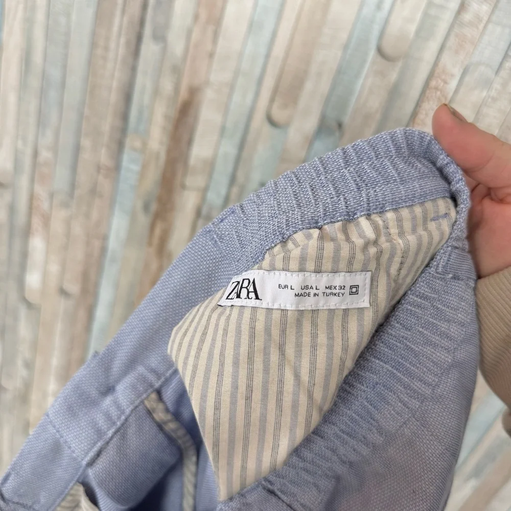 Zara L Pull On Waist Trouser Pant High Rise Relaxed Minimalist Blue Linen Spring